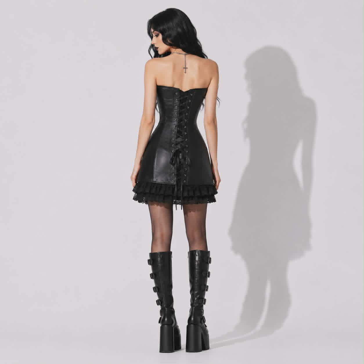 Midnight Sin Gothic Corset Dress | Black PU Leather Gothic Mini Dress