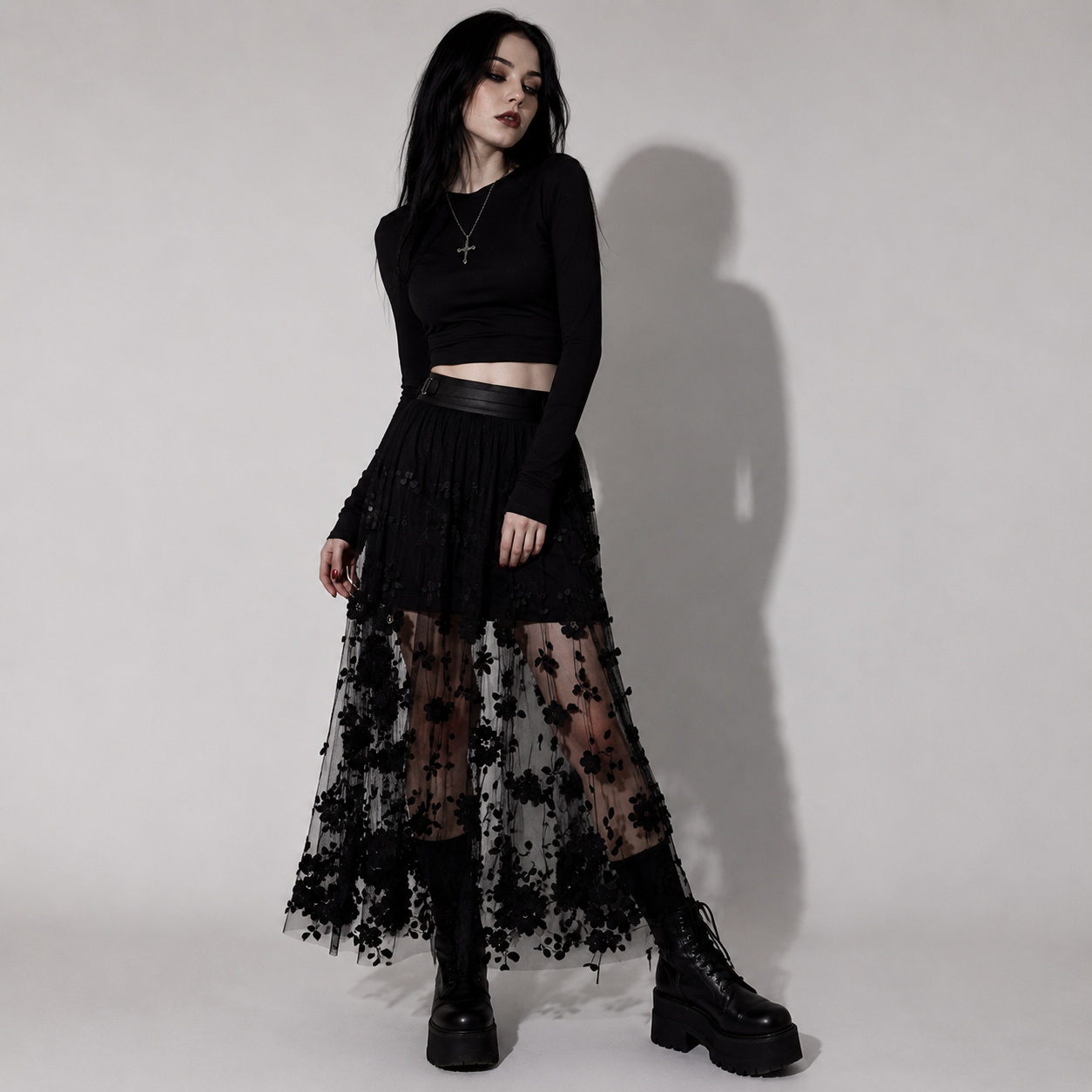 Gothic Maxi Mesh Skirt with Floral Embroidery | Black Romantic Gothic Tulle Maxi Skirt