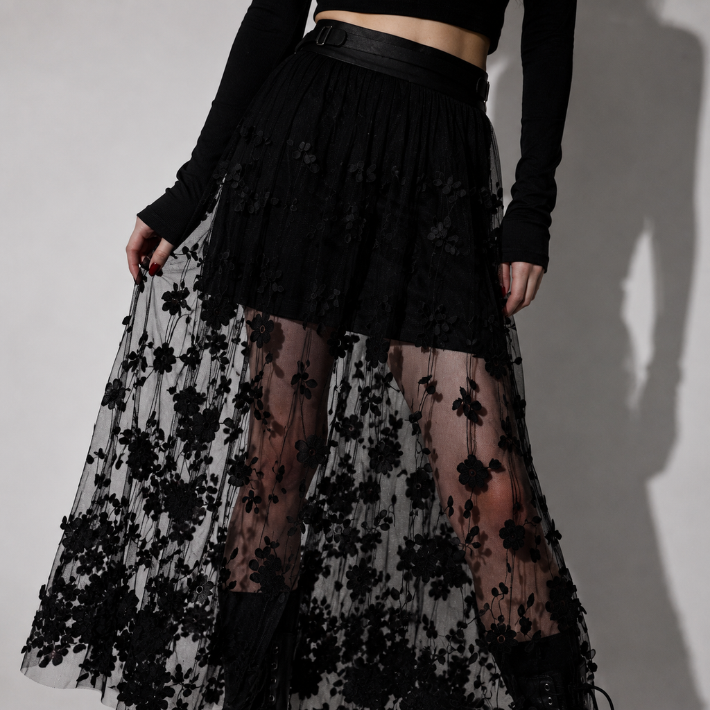 Gothic Maxi Mesh Skirt with Floral Embroidery | Black Romantic Gothic Tulle Maxi Skirt