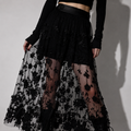 Gothic Maxi Mesh Skirt with Floral Embroidery | Black Romantic Gothic Tulle Maxi Skirt