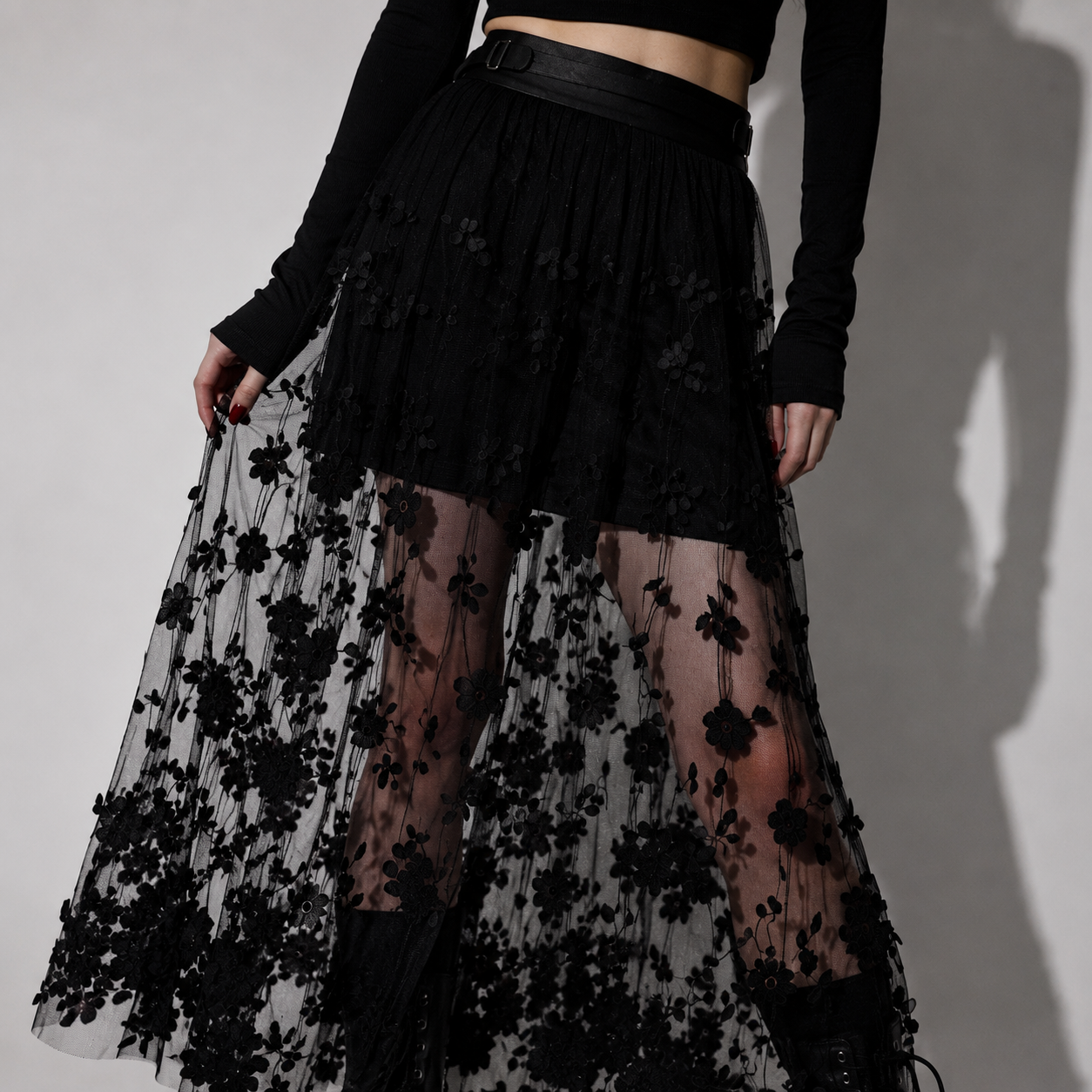Gothic Maxi Mesh Skirt with Floral Embroidery | Black Romantic Gothic Tulle Maxi Skirt