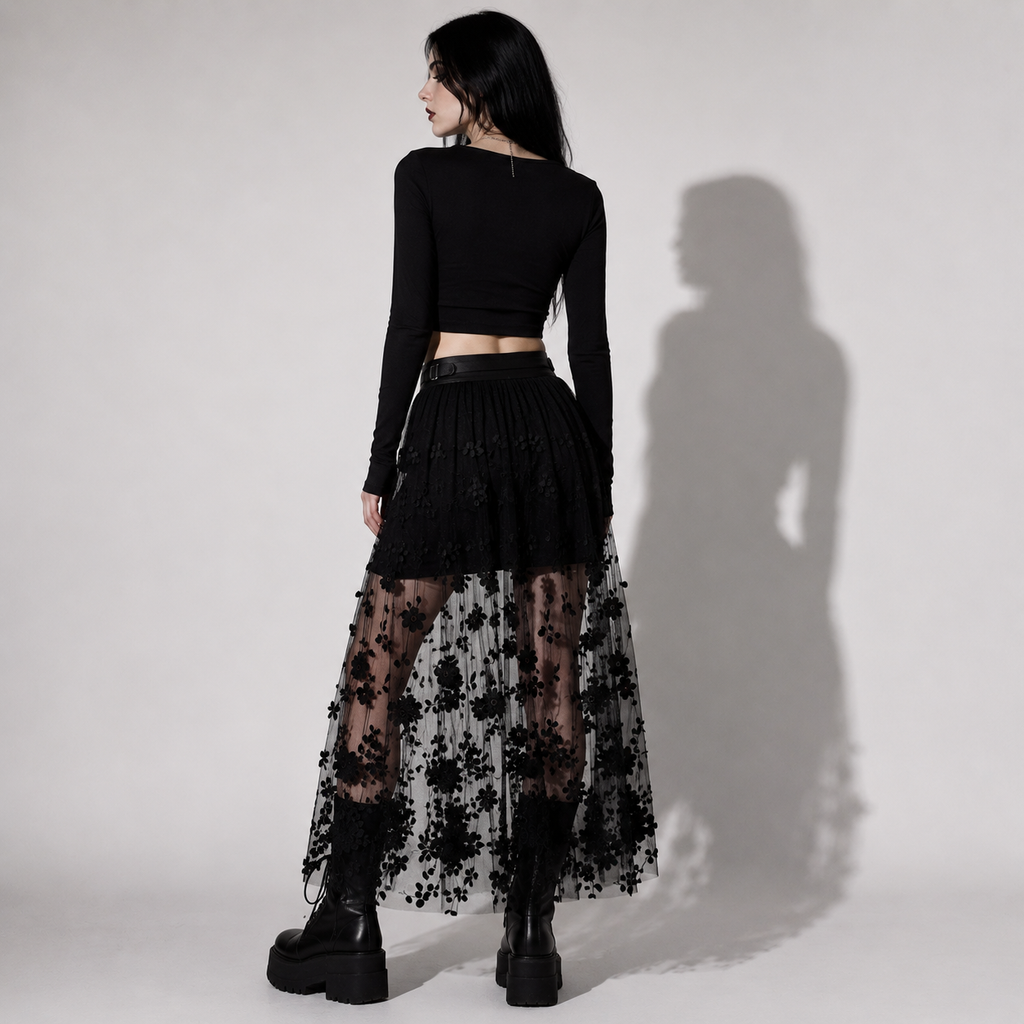 Gothic Maxi Mesh Skirt with Floral Embroidery | Black Romantic Gothic Tulle Maxi Skirt