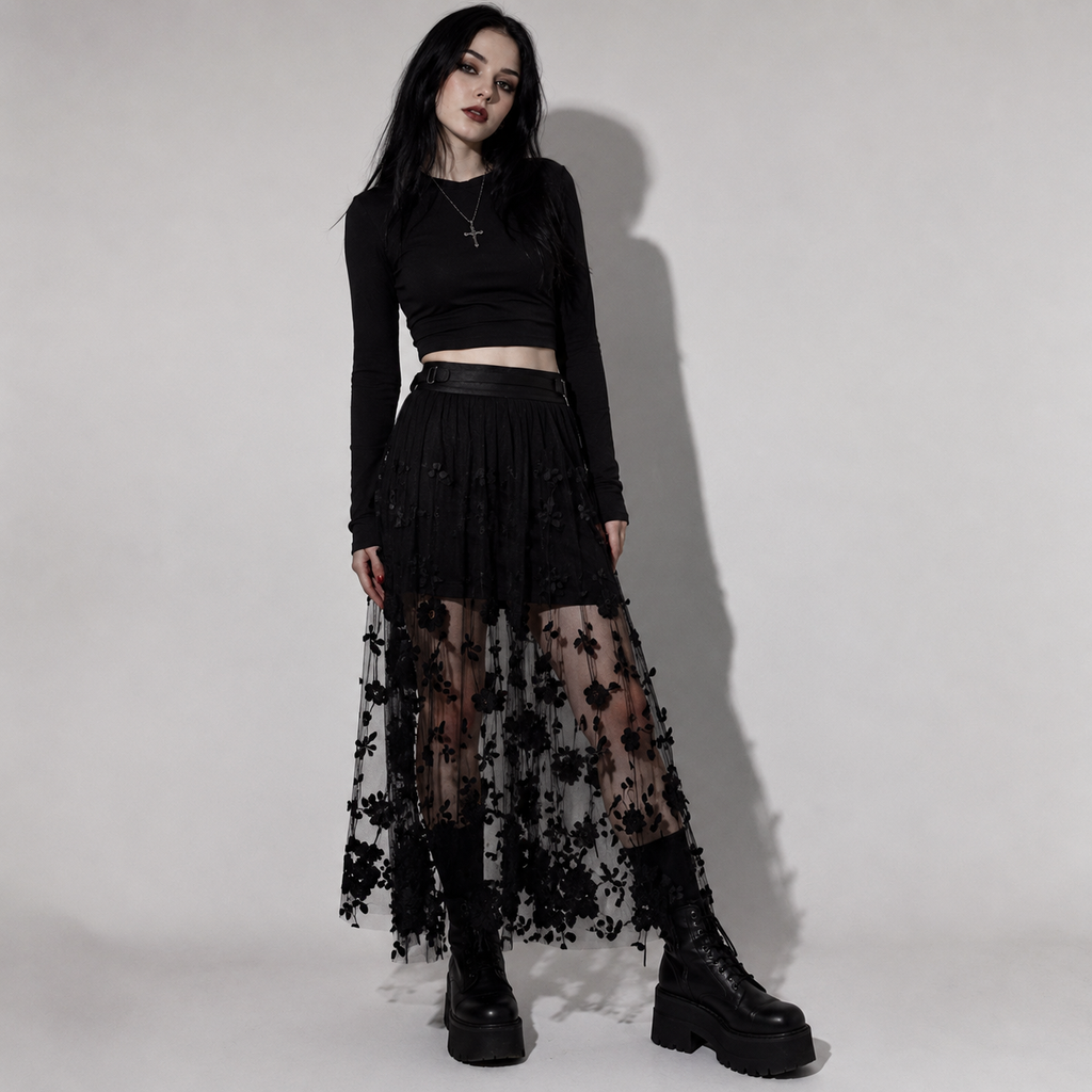 Gothic Maxi Mesh Skirt with Floral Embroidery | Black Romantic Gothic Tulle Maxi Skirt