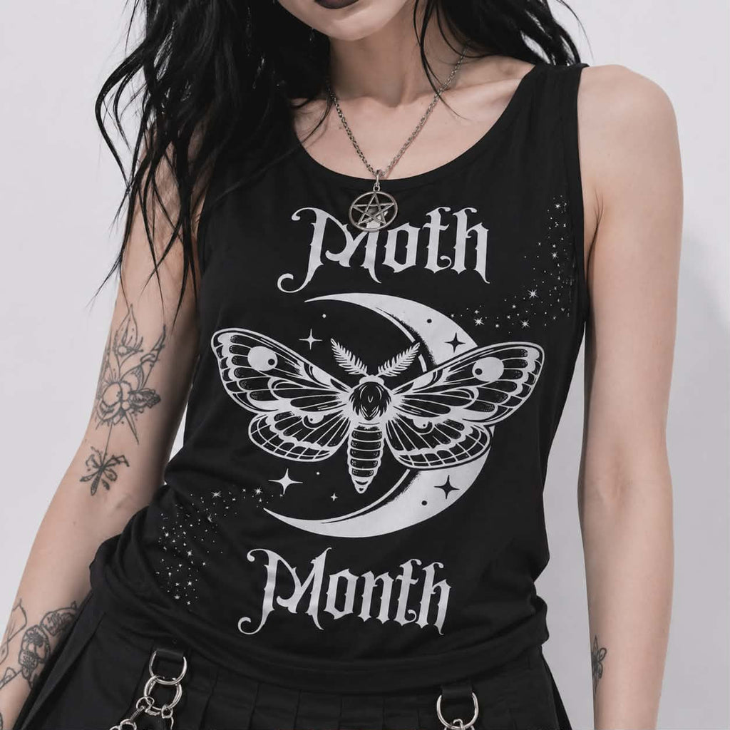 Women's Gothic Moon Moth Tank Top | Dark Romantic Goth Top with Moon and Bats