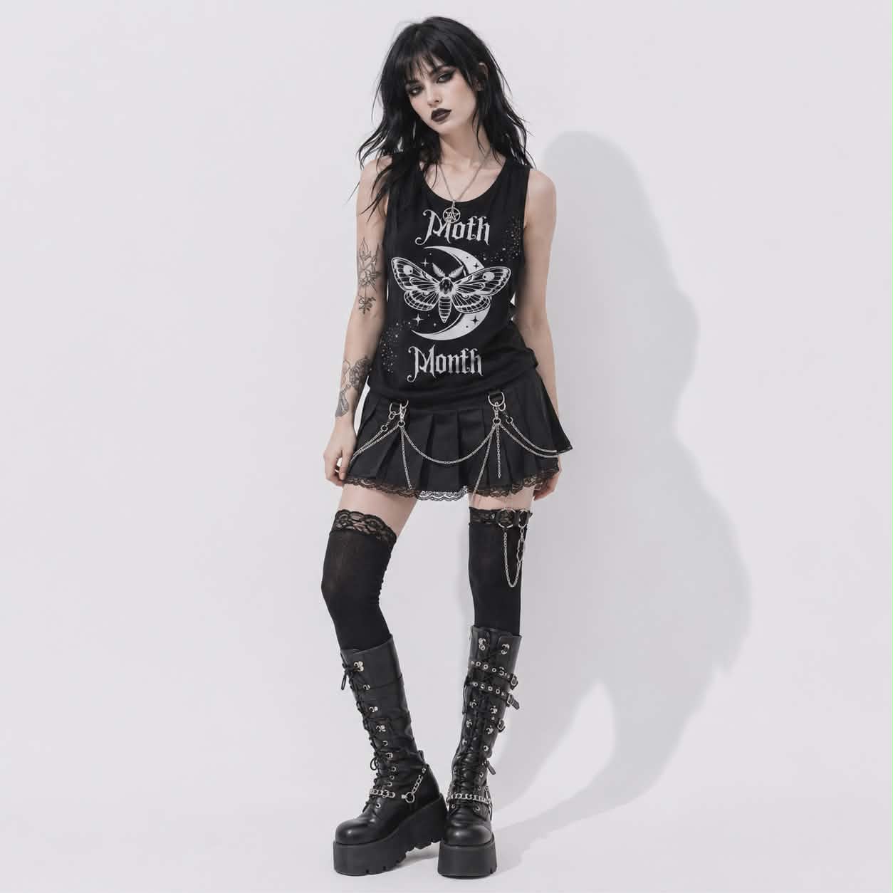 Women's Gothic Moon Moth Tank Top | Dark Romantic Goth Top with Moon and Bats