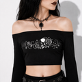 black gothic crop top off shoulder long sleeve worn with skirt dark aesthetic look