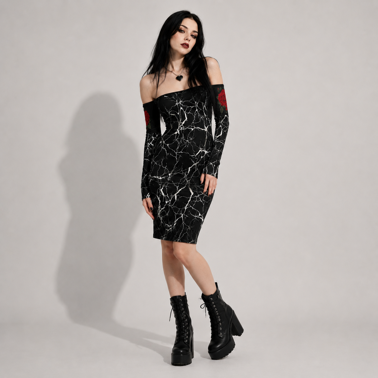 Dark Marble Rose Lace Up Gothic Bodycon Dress | Off Shoulder Gothic Dress with Lace-Up Back