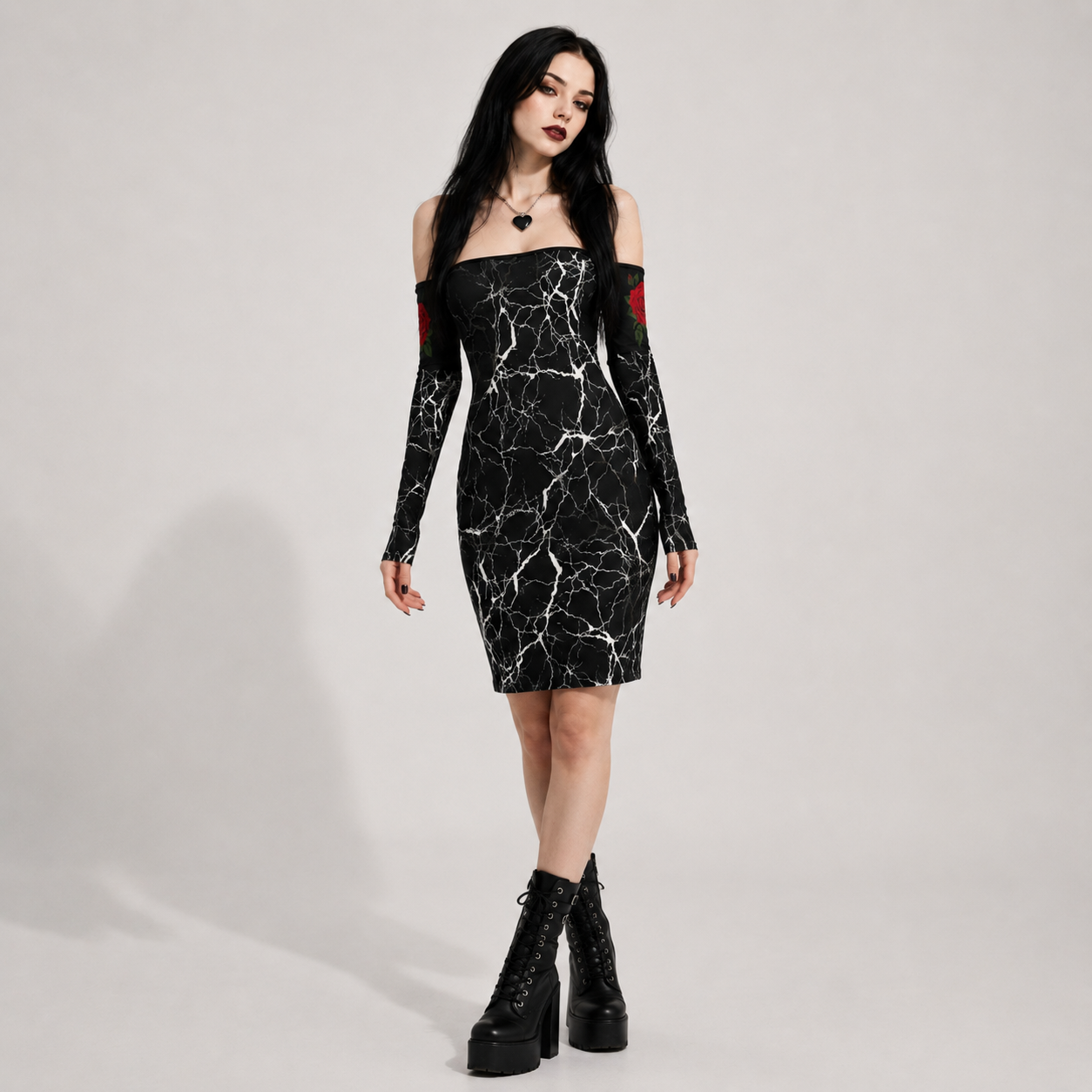 Dark Marble Rose Lace Up Gothic Bodycon Dress | Off Shoulder Gothic Dress with Lace-Up Back