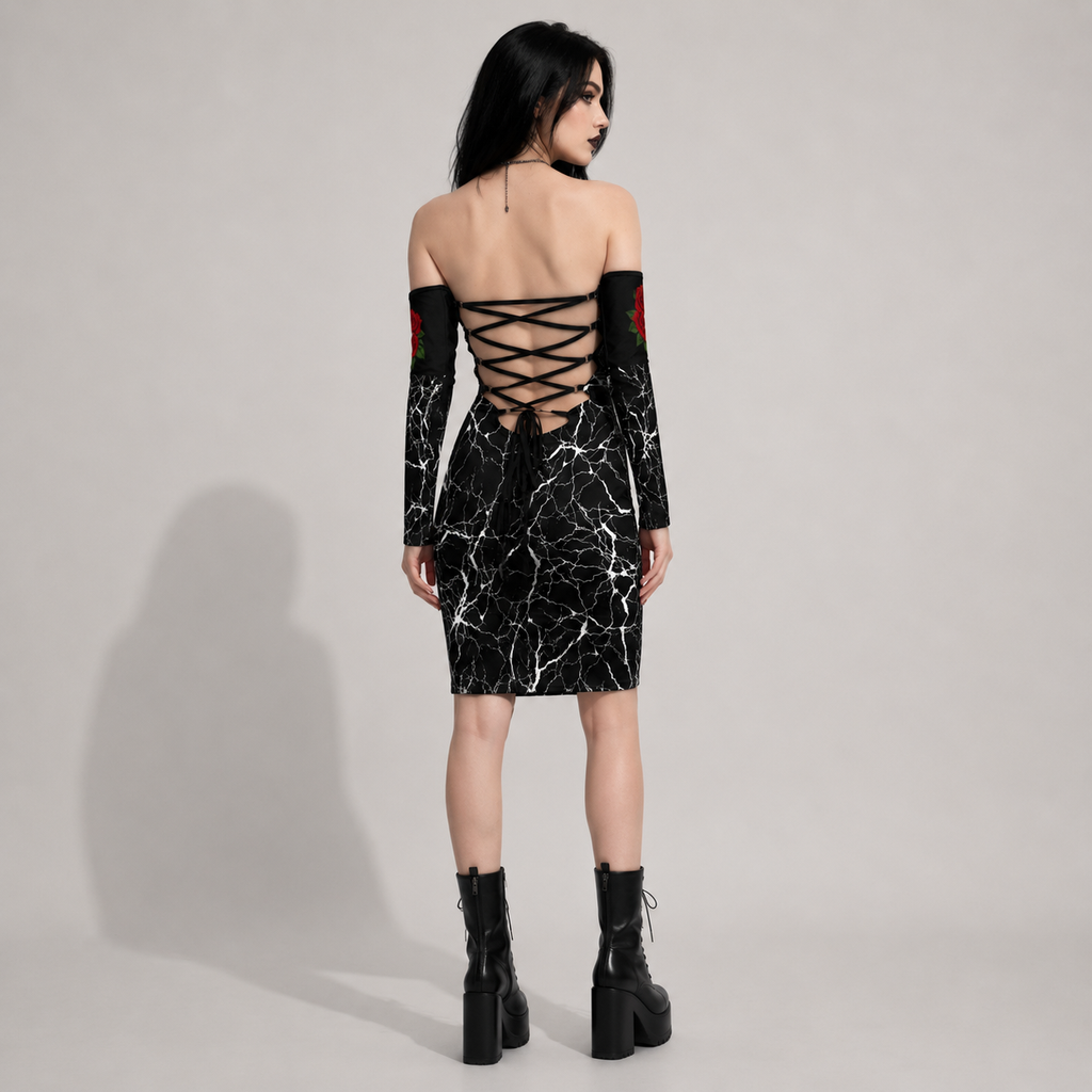 Dark Marble Rose Lace Up Gothic Bodycon Dress | Off Shoulder Gothic Dress with Lace-Up Back