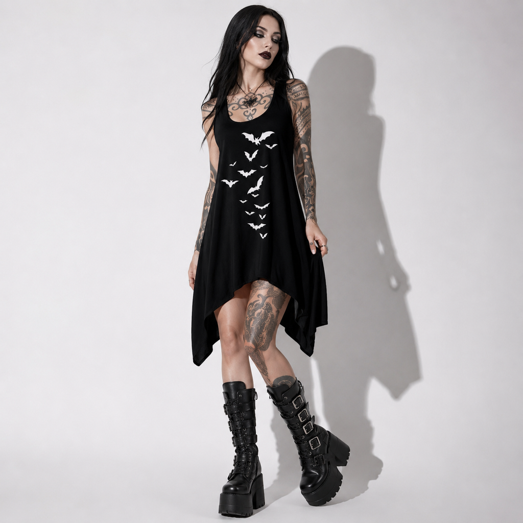 Night Flight Gothic Bat Dress – Dark Summer Asymmetrical Mini Dress