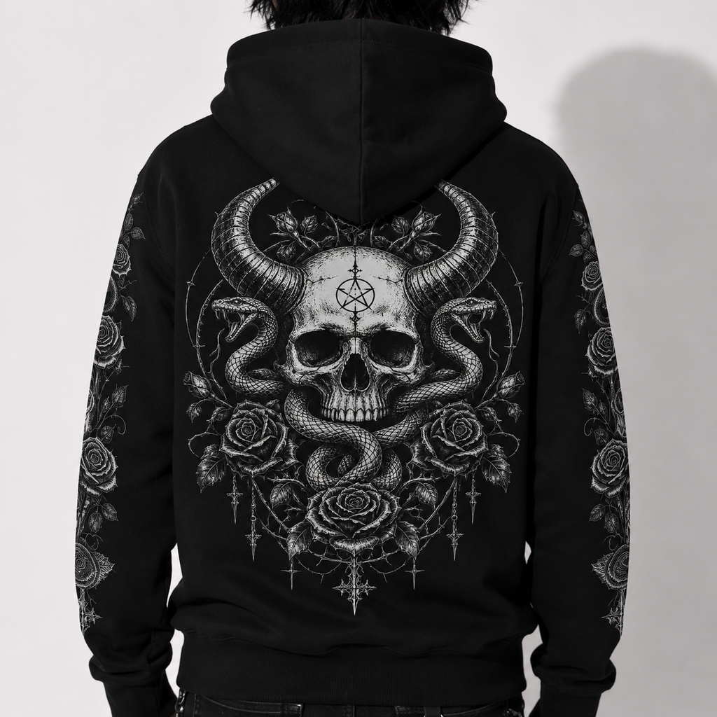 back view model in dark fantasy gothic hoodie with serpent skull artwork metal inspired streetwear style