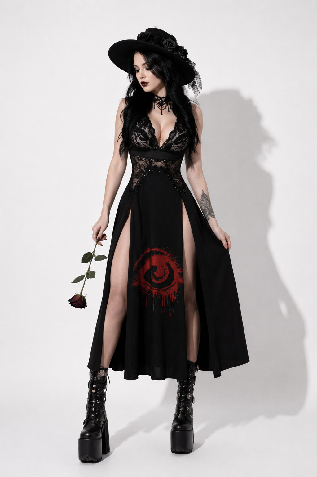 Vampire Queen Gothic Dress – Black Dark Romance Maxi Dress with Lace & High Slits