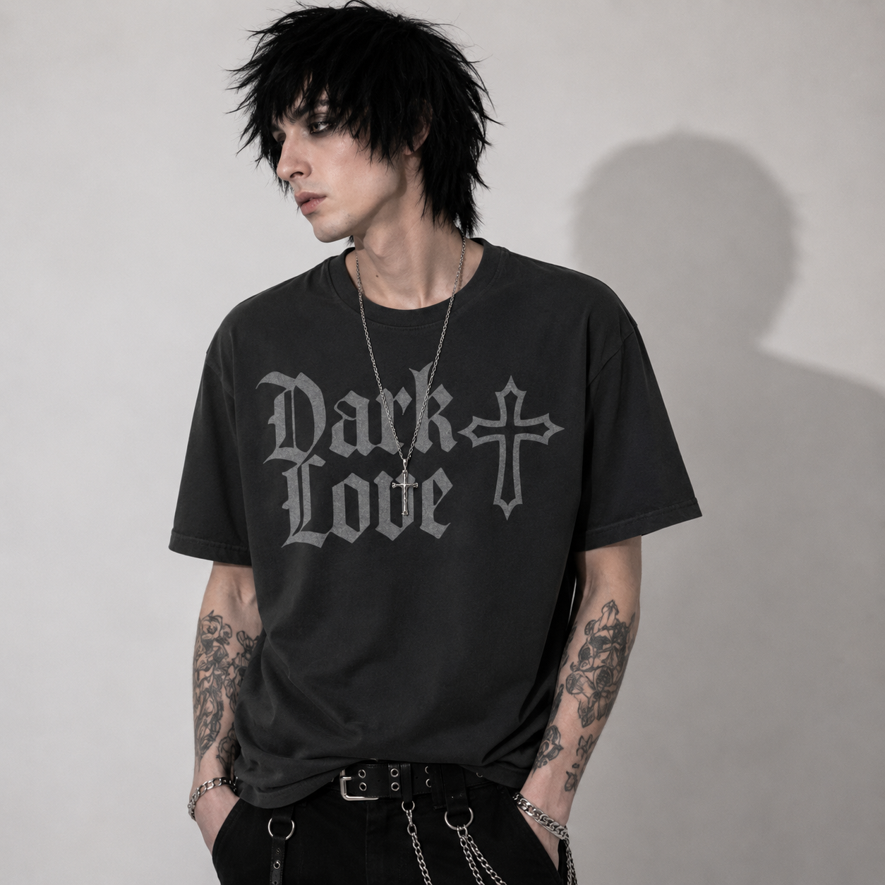 Dark Love Gothic Oversized T-Shirt – Vintage Washed Heavyweight Gothic Tee with Cross & Death's-Head Moth | 240 GSM | 100% Combed Cotton