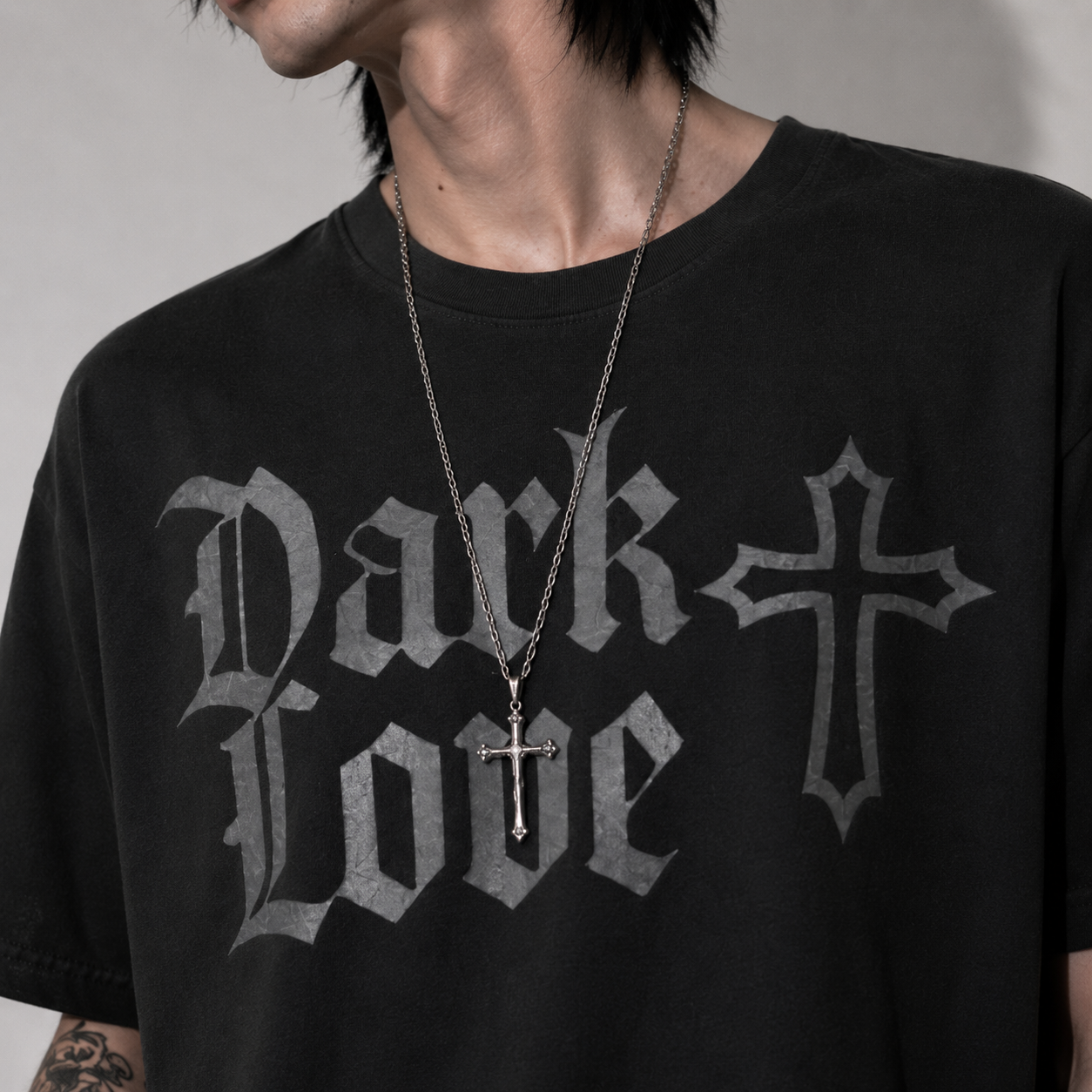 Dark Love Gothic Oversized T-Shirt – Vintage Washed Heavyweight Gothic Tee with Cross & Death's-Head Moth | 240 GSM | 100% Combed Cotton