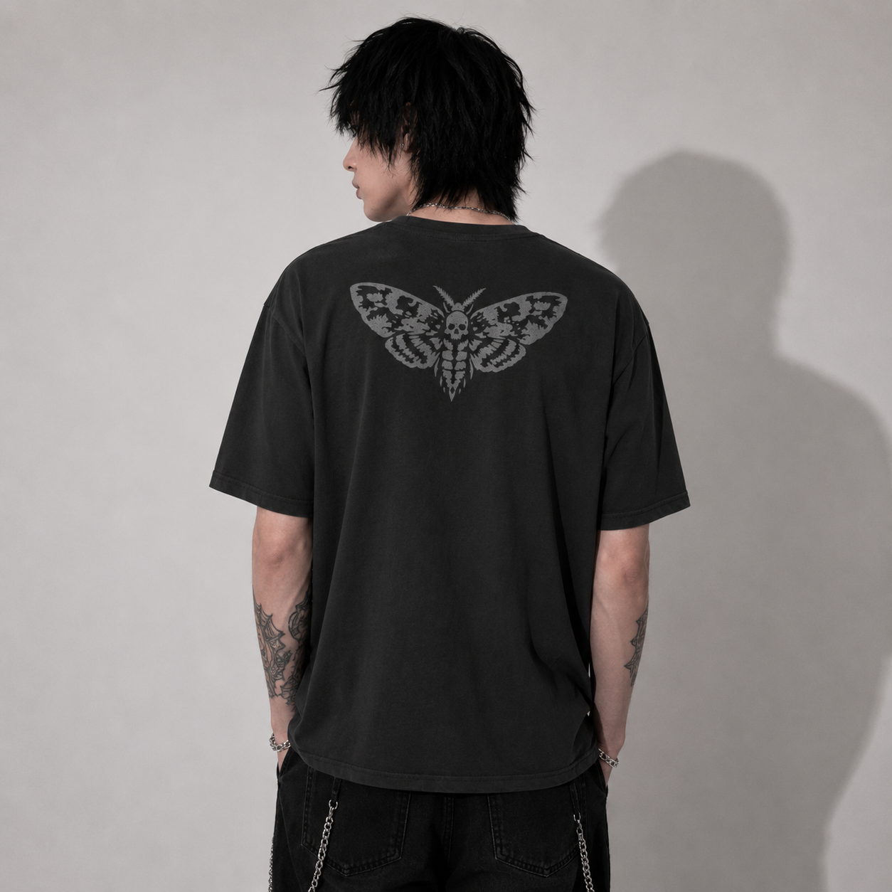 Dark Love Gothic Oversized T-Shirt – Vintage Washed Heavyweight Gothic Tee with Cross & Death's-Head Moth | 240 GSM | 100% Combed Cotton