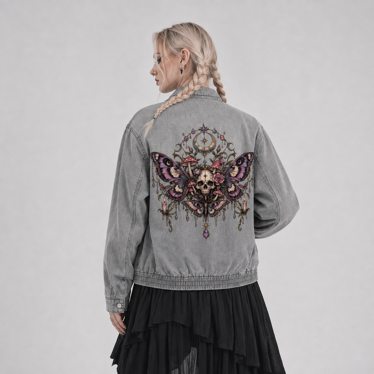 Gothic Wiccan Denim Jacket | Death Moth & Moon Ritual | Unisex