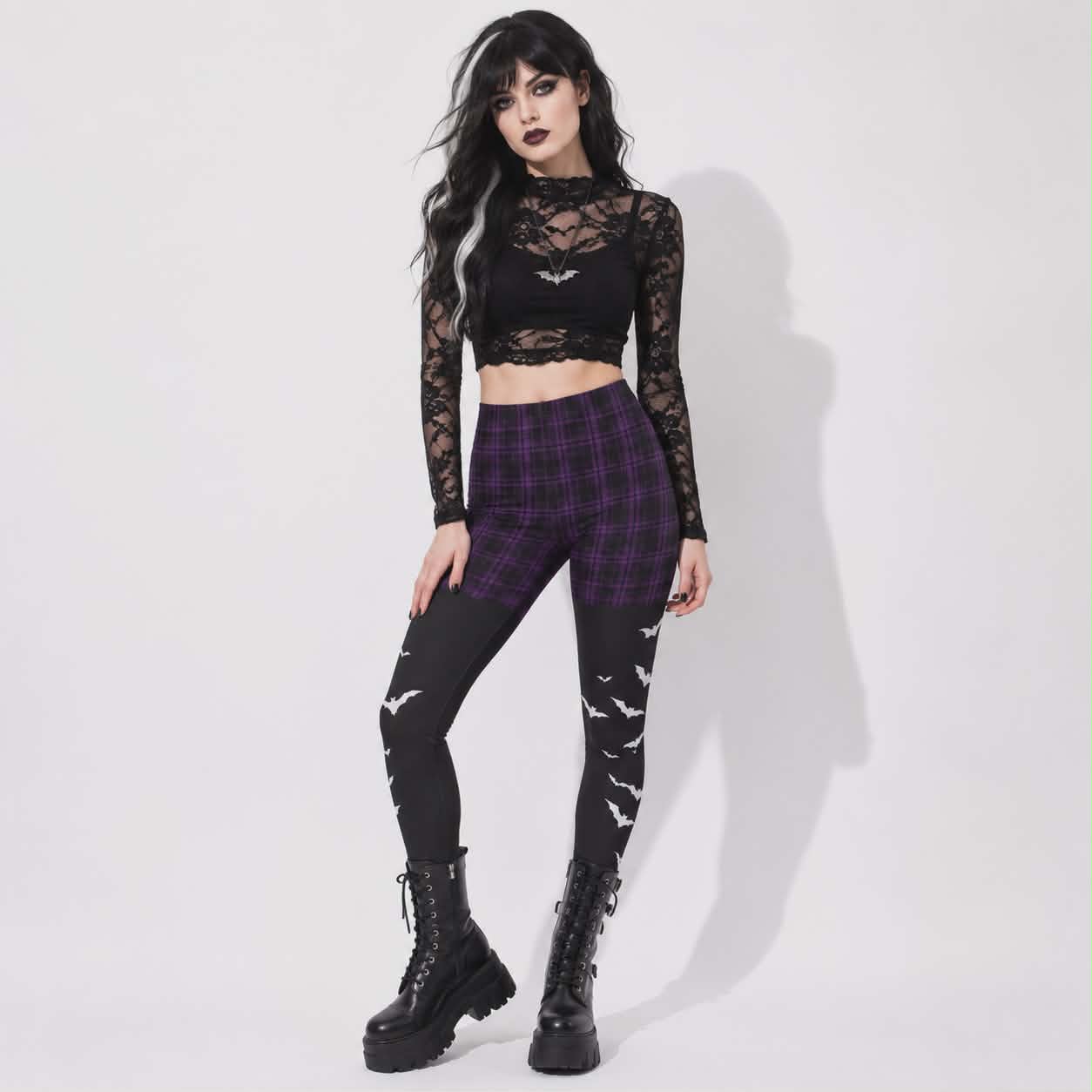 Gothic Witchcore Leggings for Women | Purple Plaid, Bats, and Dark Academia