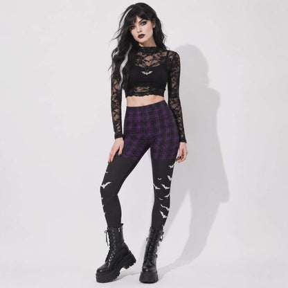 Gothic Witchcore Leggings for Women | Purple Plaid, Bats, and Dark Academia