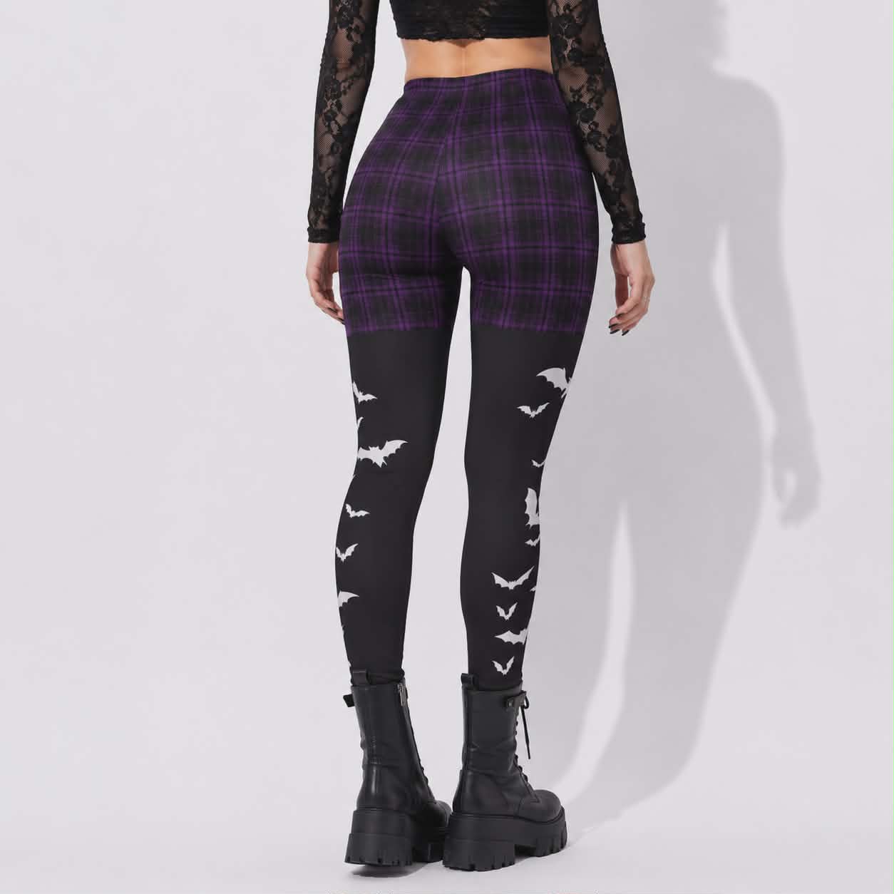 Gothic Witchcore Leggings for Women | Purple Plaid, Bats, and Dark Academia