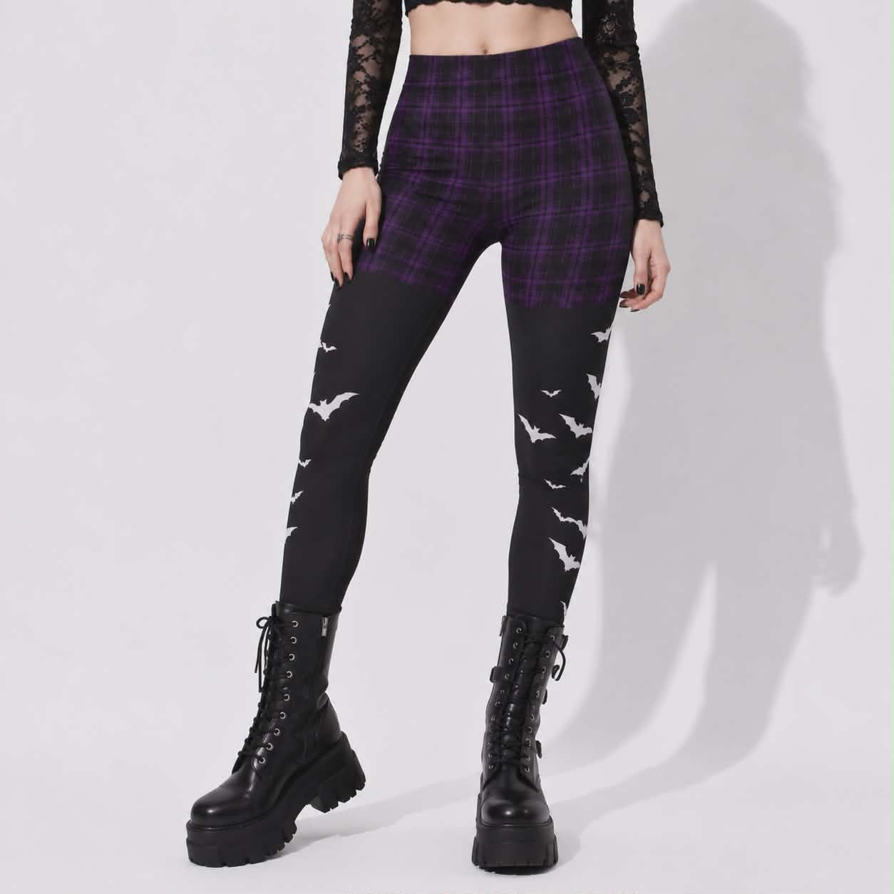 Gothic Witchcore Leggings for Women | Purple Plaid, Bats, and Dark Academia