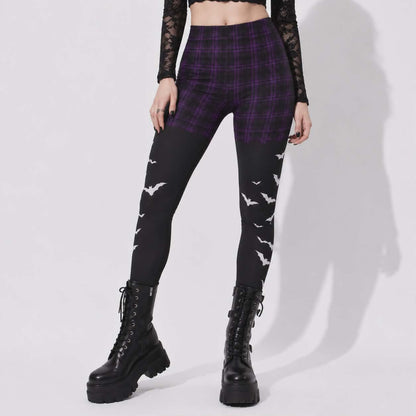 Gothic Witchcore Leggings for Women | Purple Plaid, Bats, and Dark Academia