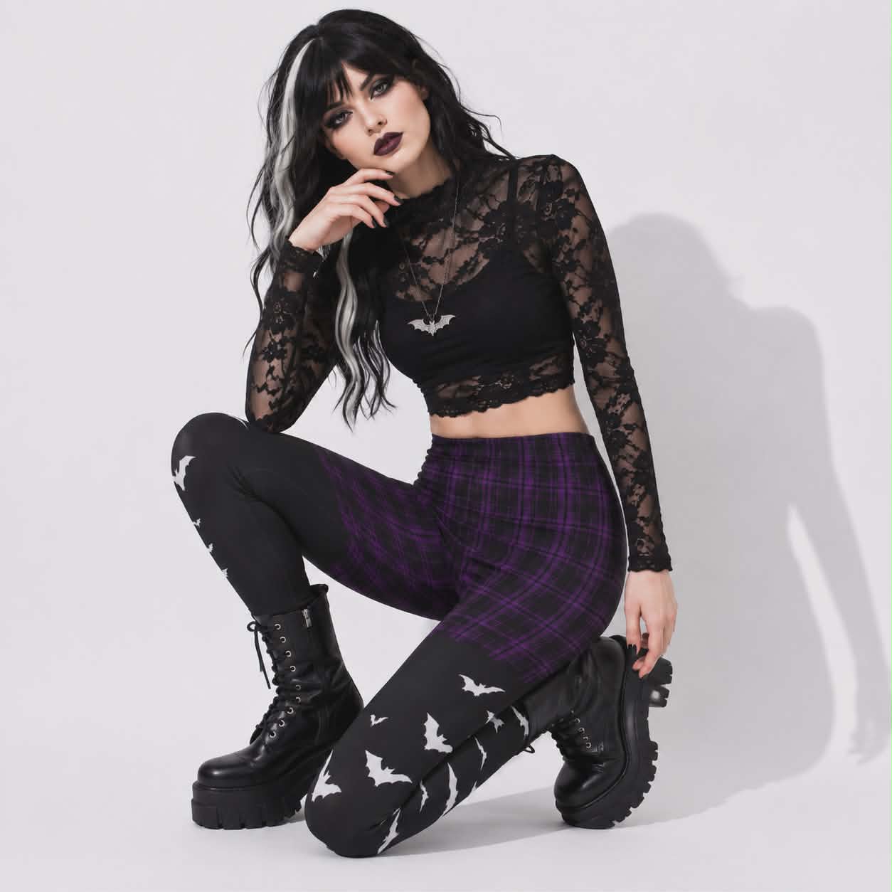 Gothic Witchcore Leggings for Women | Purple Plaid, Bats, and Dark Academia