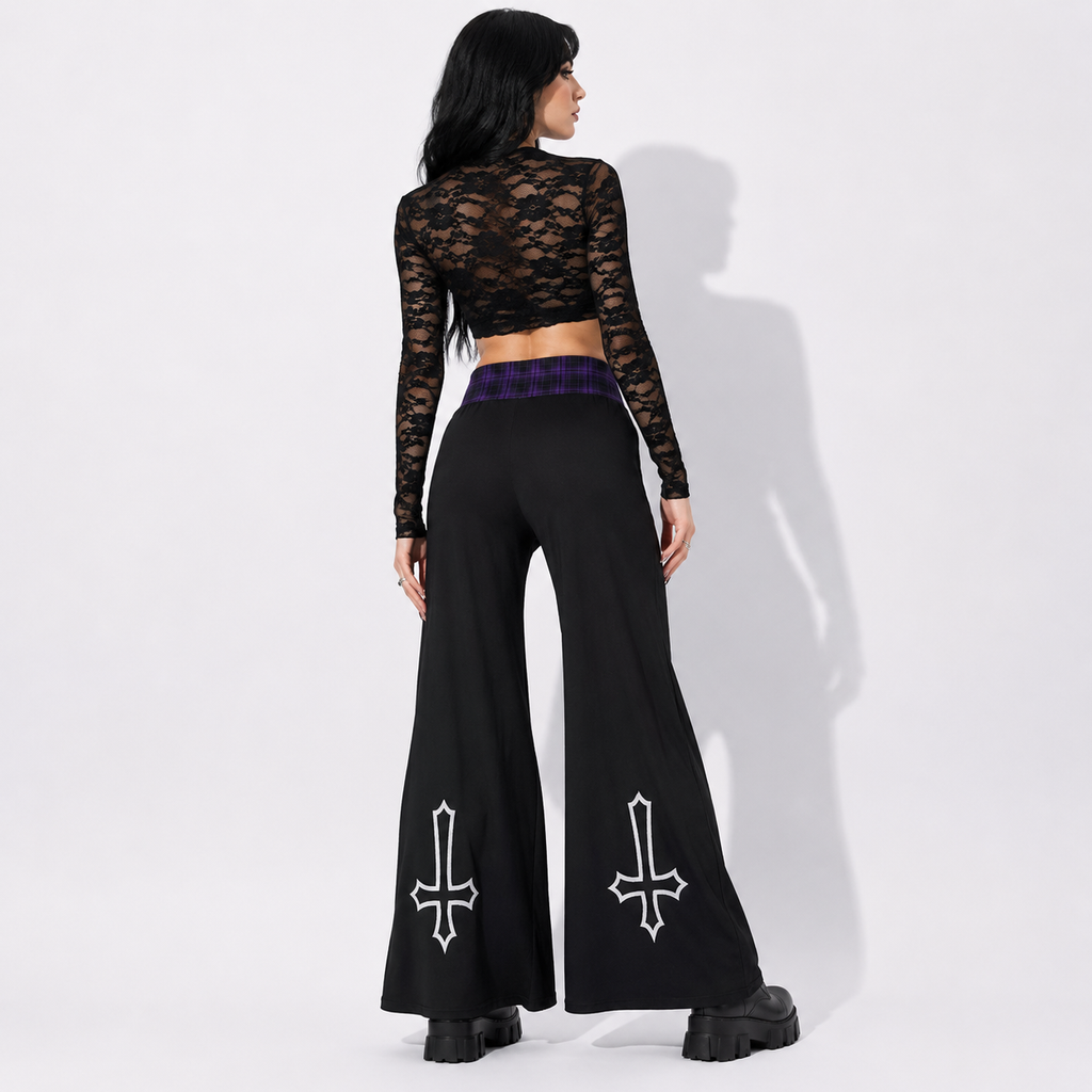 Women’s Gothic Wide Leg Pants | Witchcore Moon & Bats – Alternative Wide Leg Trousers