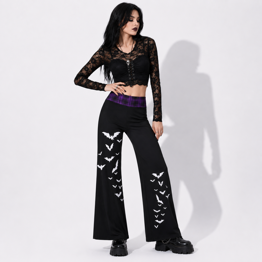 Women’s Gothic Wide Leg Pants | Witchcore Moon & Bats – Alternative Wide Leg Trousers
