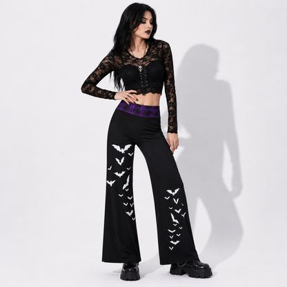 Women’s Gothic Wide Leg Pants | Witchcore Moon & Bats – Alternative Wide Leg Trousers