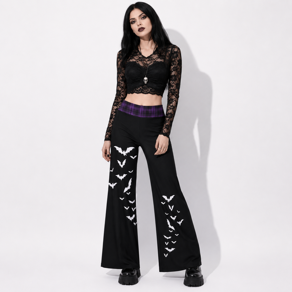Women’s Gothic Wide Leg Pants | Witchcore Moon & Bats – Alternative Wide Leg Trousers