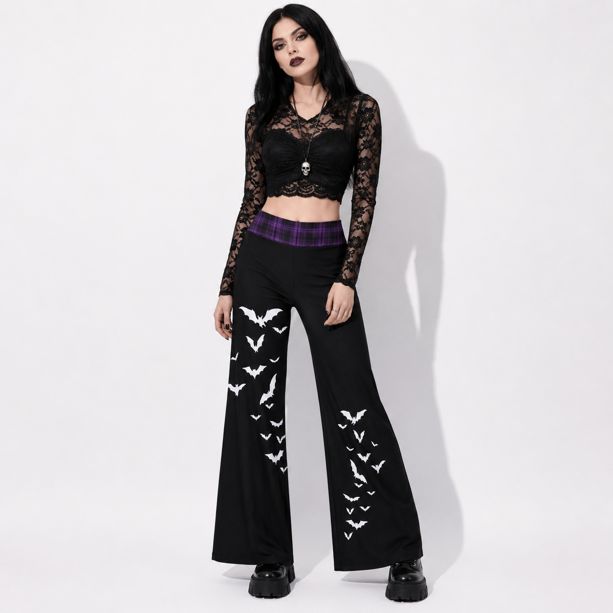 Women’s Gothic Wide Leg Pants | Witchcore Moon & Bats – Alternative Wide Leg Trousers