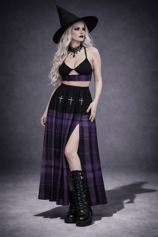 Gothic Alternative Dress | Gothic Witchcore Purple Magic Tartan