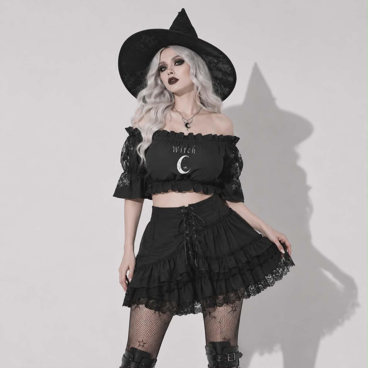 Witch Moon Gothic Crop Top | Dark Witchcore Off Shoulder Puff Sleeve Top