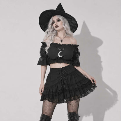 Witch Moon Gothic Crop Top | Dark Witchcore Off Shoulder Puff Sleeve Top