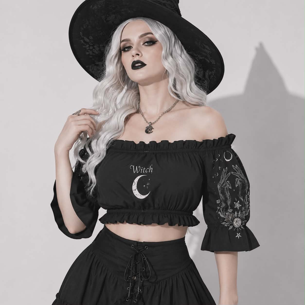 Witch Moon Gothic Crop Top | Dark Witchcore Off Shoulder Puff Sleeve Top