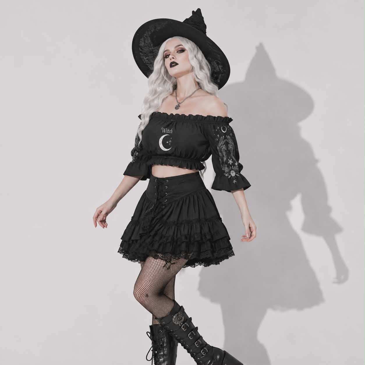 Witch Moon Gothic Crop Top | Dark Witchcore Off Shoulder Puff Sleeve Top