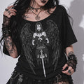 Gothic Women's T-Shirt Dark Angel | Occult Fallen Angel Loose Fit | Gothic Boat Neck Top 3/4 Sleeve