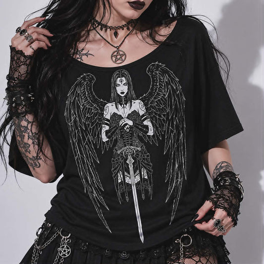 Gothic Women's T-Shirt Dark Angel | Occult Fallen Angel Loose Fit | Gothic Boat Neck Top 3/4 Sleeve
