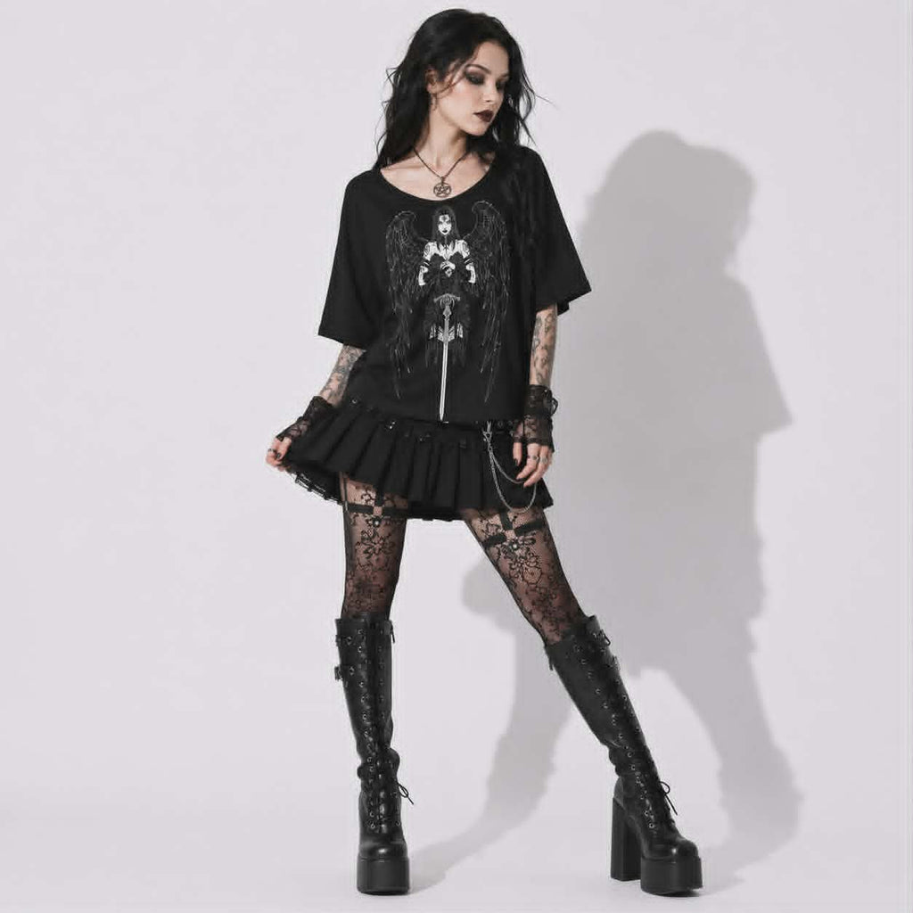 Gothic Women's T-Shirt Dark Angel | Occult Fallen Angel Loose Fit | Gothic Boat Neck Top 3/4 Sleeve