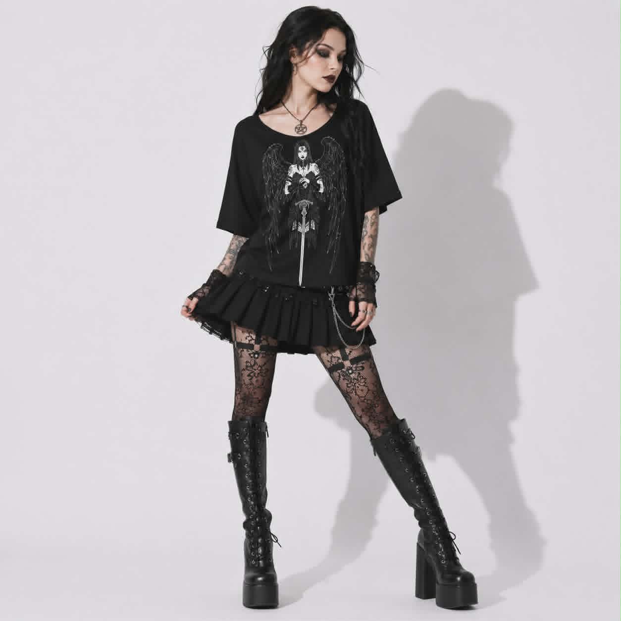 Gothic Women's T-Shirt Dark Angel | Occult Fallen Angel Loose Fit | Gothic Boat Neck Top 3/4 Sleeve
