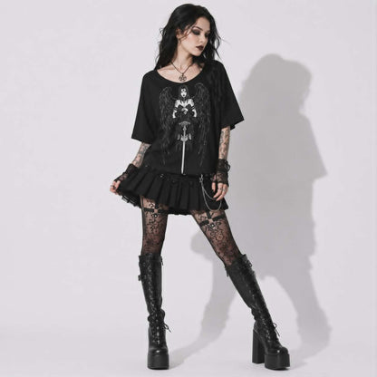 Gothic Women's T-Shirt Dark Angel | Occult Fallen Angel Loose Fit | Gothic Boat Neck Top 3/4 Sleeve
