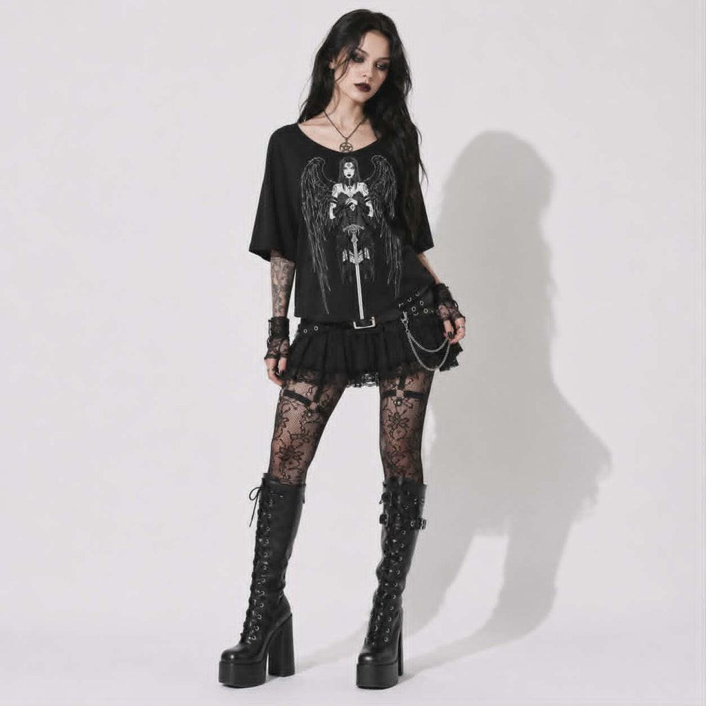 Gothic Women's T-Shirt Dark Angel | Occult Fallen Angel Loose Fit | Gothic Boat Neck Top 3/4 Sleeve
