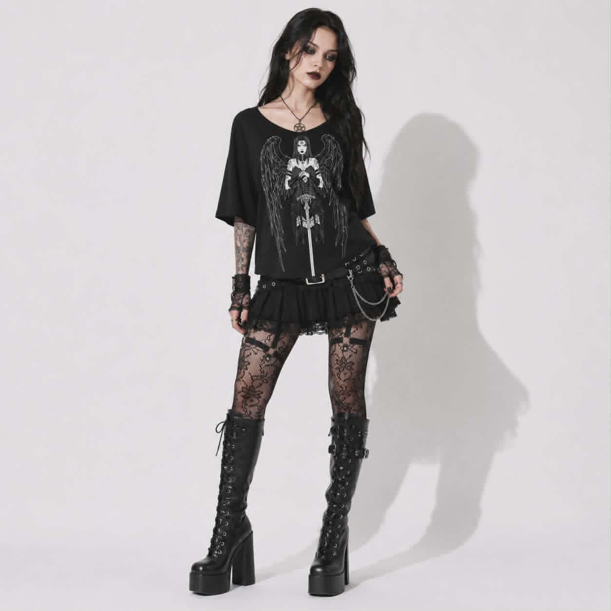 Gothic Women's T-Shirt Dark Angel | Occult Fallen Angel Loose Fit | Gothic Boat Neck Top 3/4 Sleeve