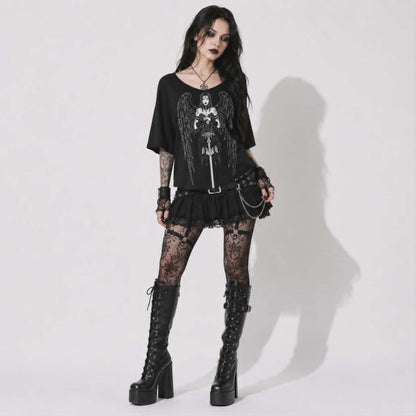 Gothic Women's T-Shirt Dark Angel | Occult Fallen Angel Loose Fit | Gothic Boat Neck Top 3/4 Sleeve