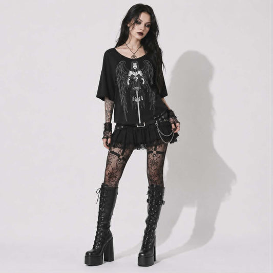 Gothic Women's T-Shirt Dark Angel | Occult Fallen Angel Loose Fit | Gothic Boat Neck Top 3/4 Sleeve