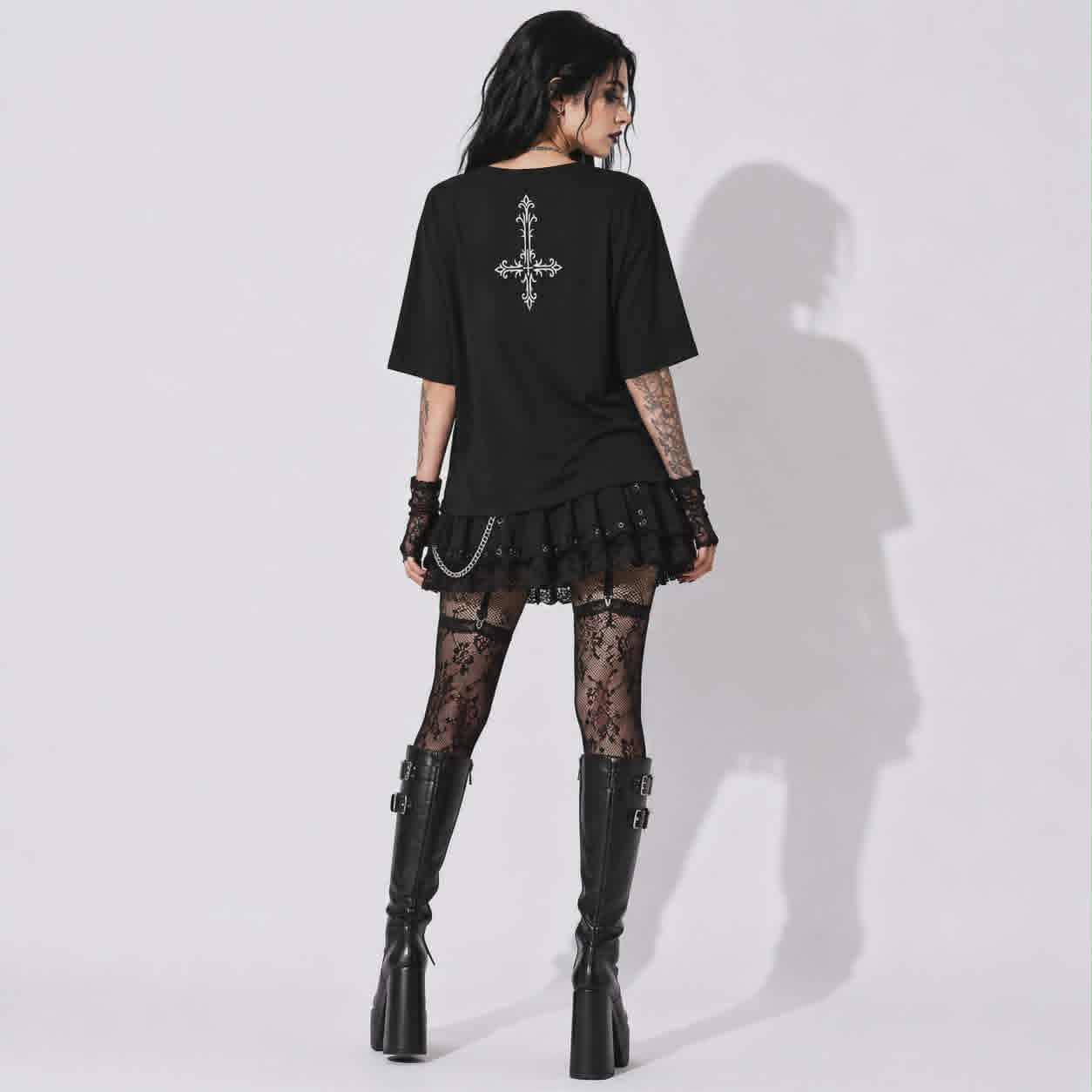 Gothic Women's T-Shirt Dark Angel | Occult Fallen Angel Loose Fit | Gothic Boat Neck Top 3/4 Sleeve