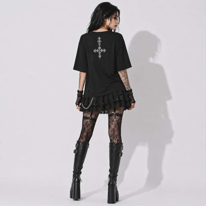 Gothic Women's T-Shirt Dark Angel | Occult Fallen Angel Loose Fit | Gothic Boat Neck Top 3/4 Sleeve