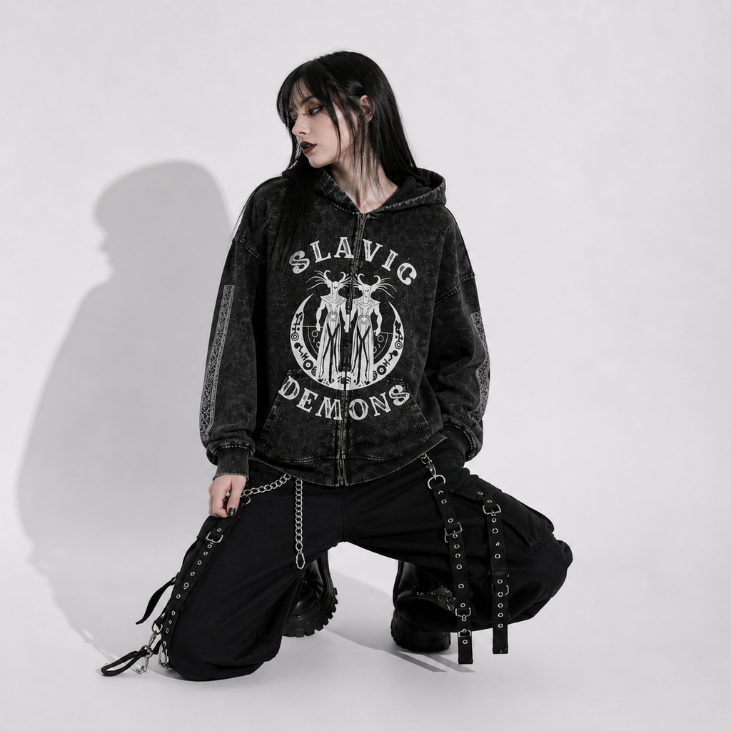 Gothic Zip Hoodie Slavic Demons – Dark Folk Aesthetic Oversize Hoodie