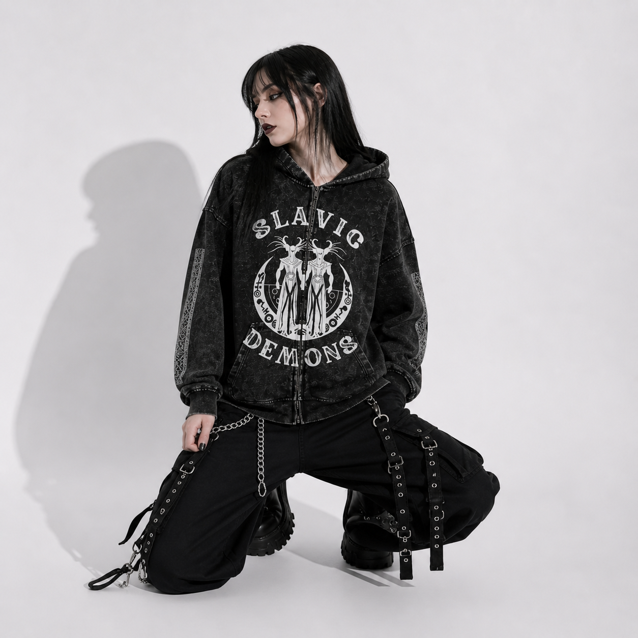 Gothic Zip Hoodie Slavic Demons – Dark Folk Aesthetic Oversize Hoodie
