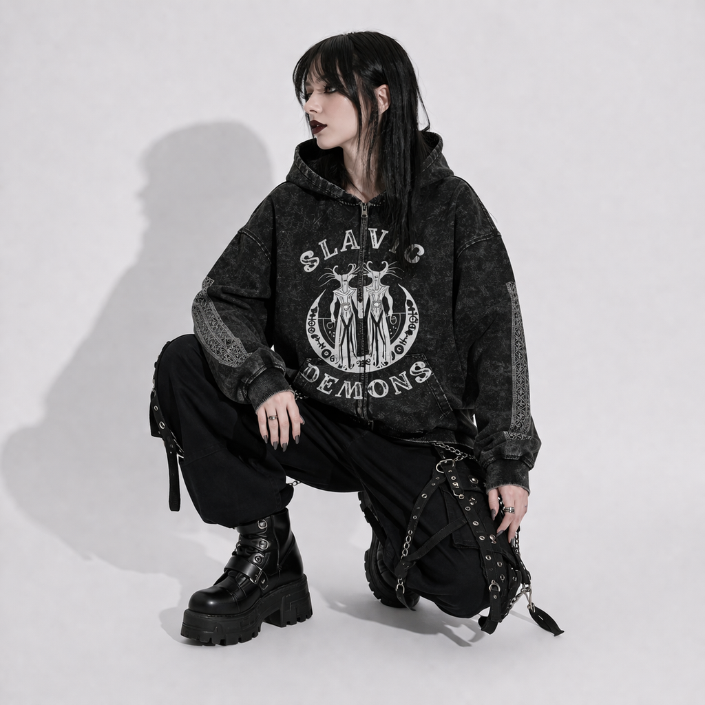 Gothic Zip Hoodie Slavic Demons – Dark Folk Aesthetic Oversize Hoodie